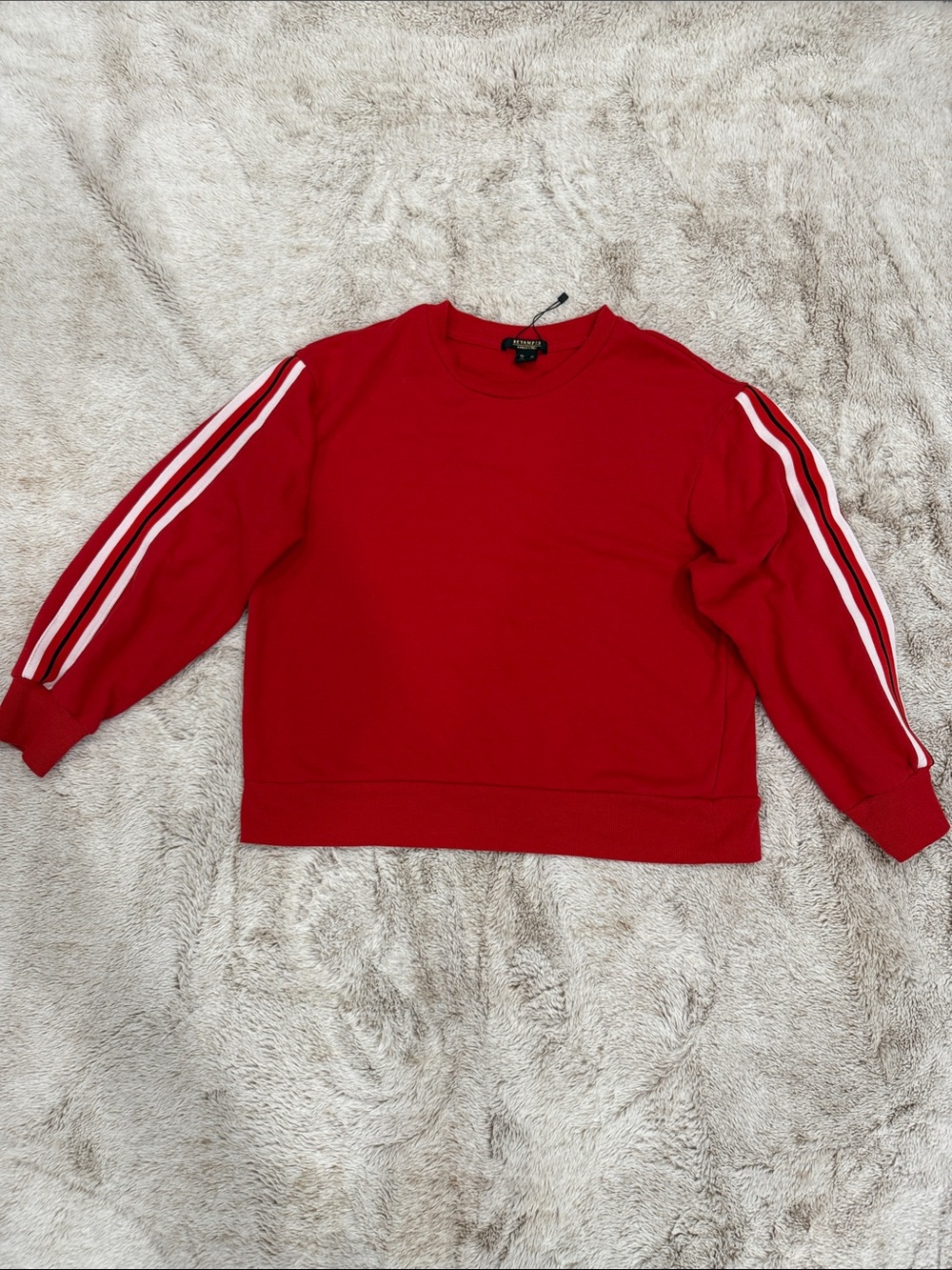 Revamped Red Crewneck Sweater with White & Pink Sleeve Stripes
